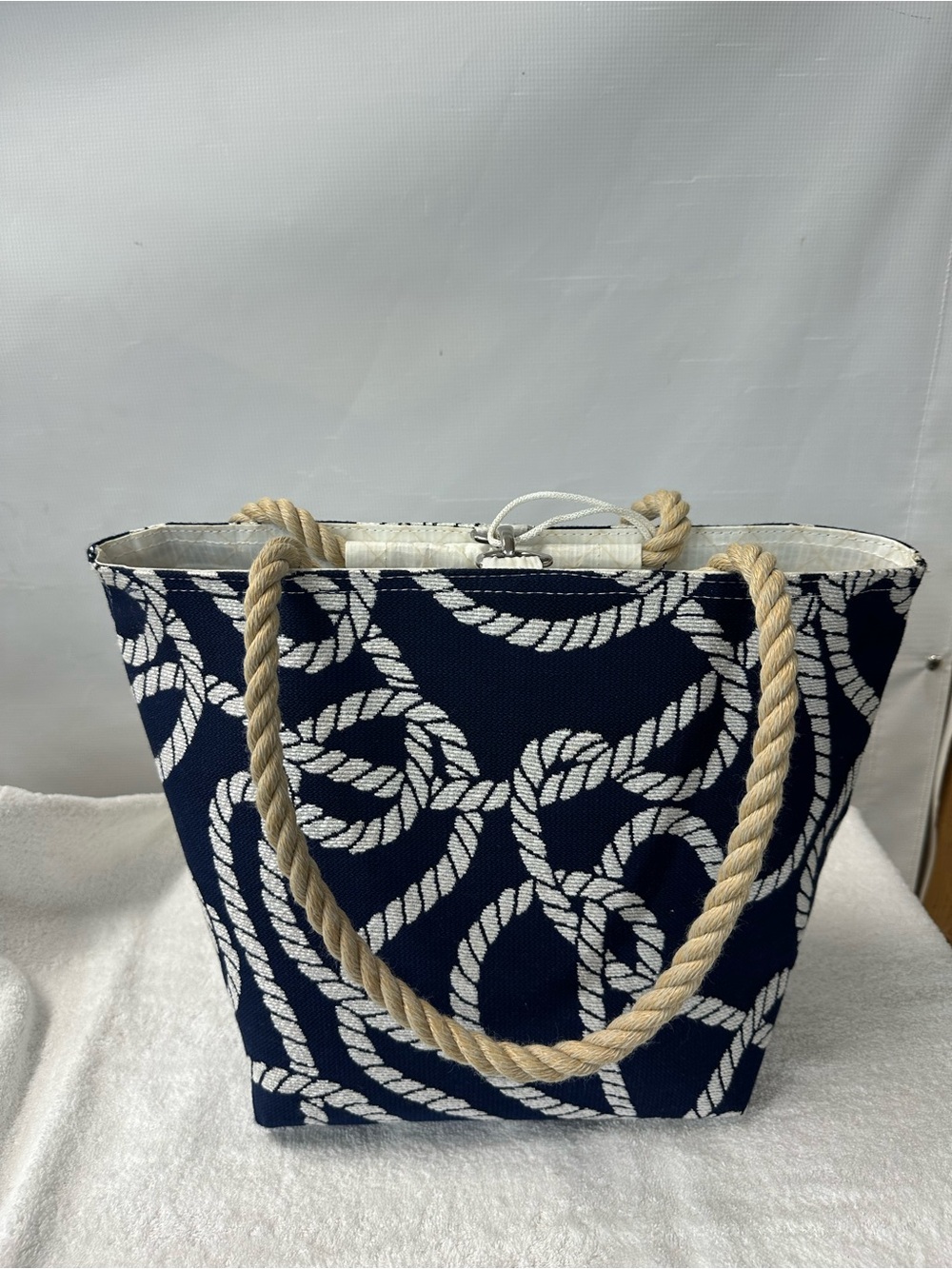 Navy Rope-Pattern Tote Bag with Natural Rope Handles - Picture 7 of 9